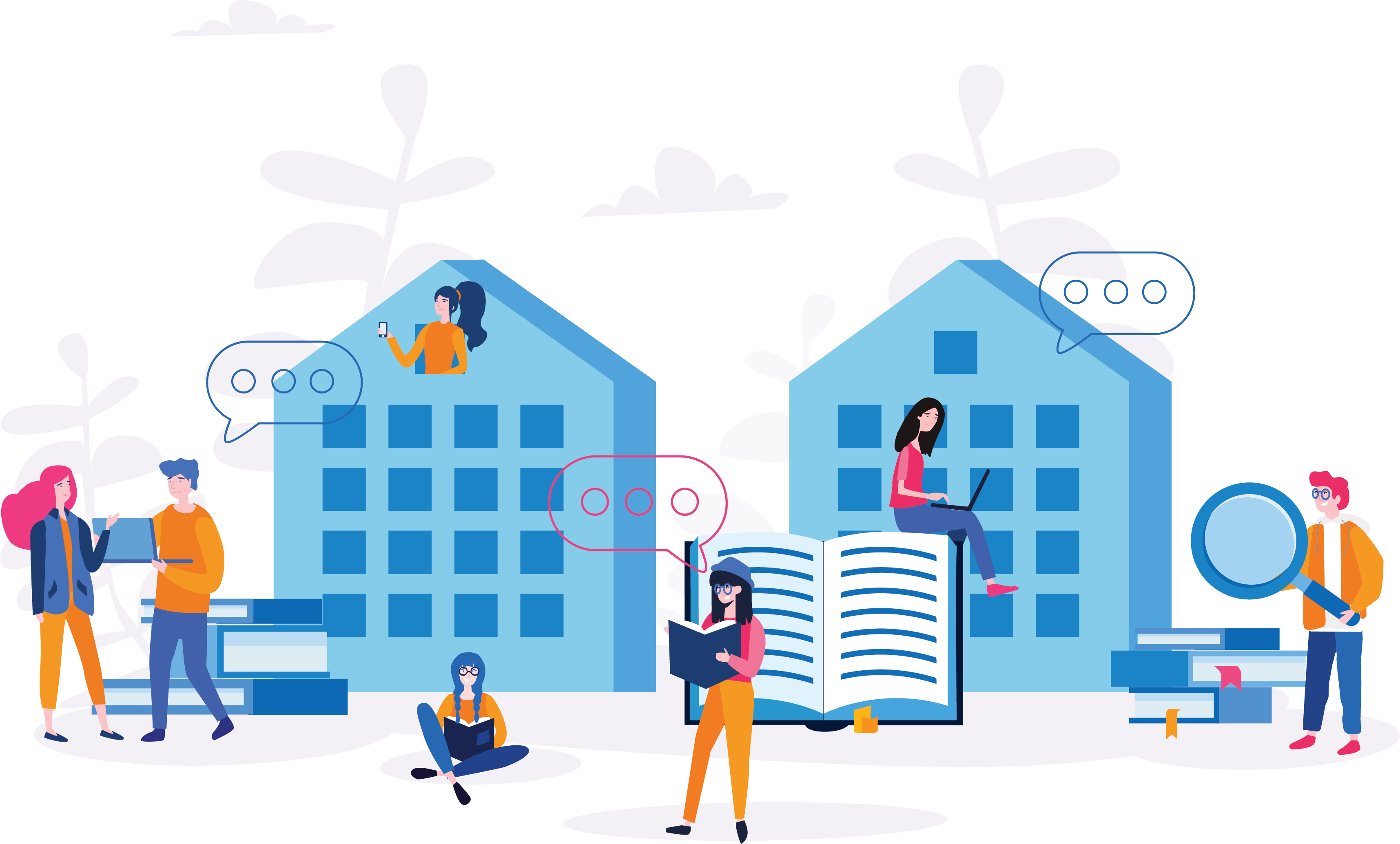 Grafika 2 épület előtt és között levő beszélgető chatelő olvasó emberalakokkal
